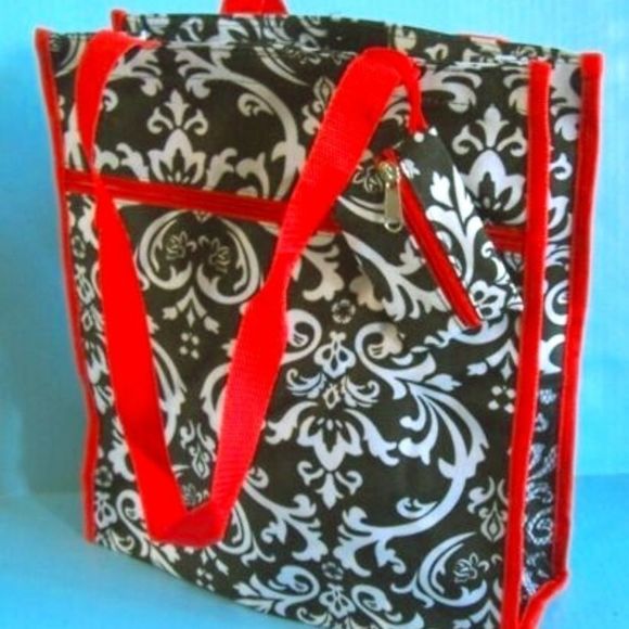RED WHITE DAMASK FLORAL TOTE BAG SHOPPER SHOPPING - Picture 1 of 2